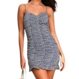LULUS Blue Floral Print Ruched Bodycon Mini Dress Vacation Casual Zip Back Small